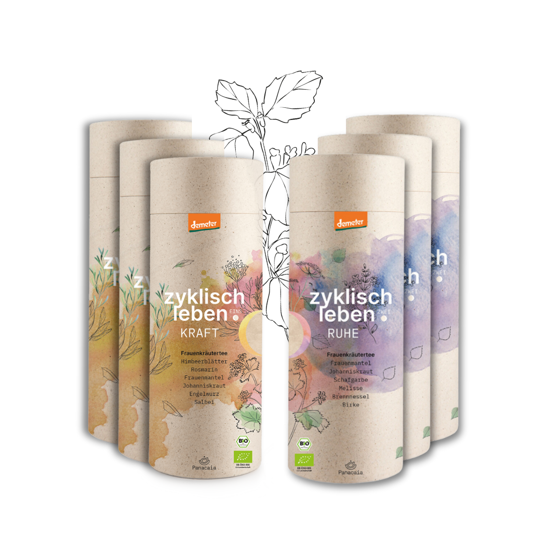 3-Monats-Zykluskur: Frauenkräuter-Tee - „Kraft+Ruhe“, 1. + 2. Zyklushälfte, Demeter, 6 x 75g
